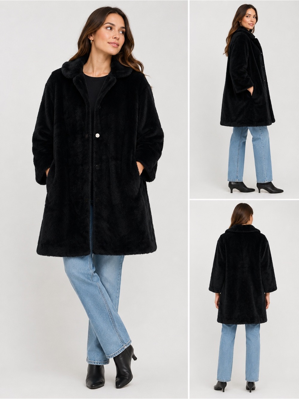 Vintage Virage Black Faux Fur Coat Made in Canada Size 10